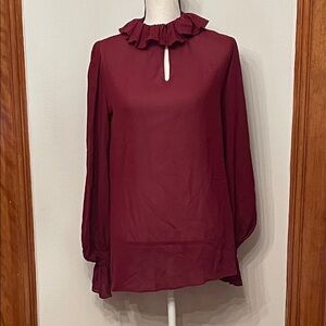 Vintage Elegant Burgundy Ruffle Blouse